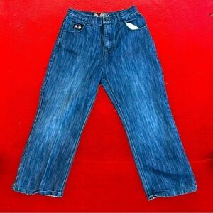 VTG Mecca Y2K Baggy Wide Leg Blue Jean Patches Women’s 26” Waist Cropped